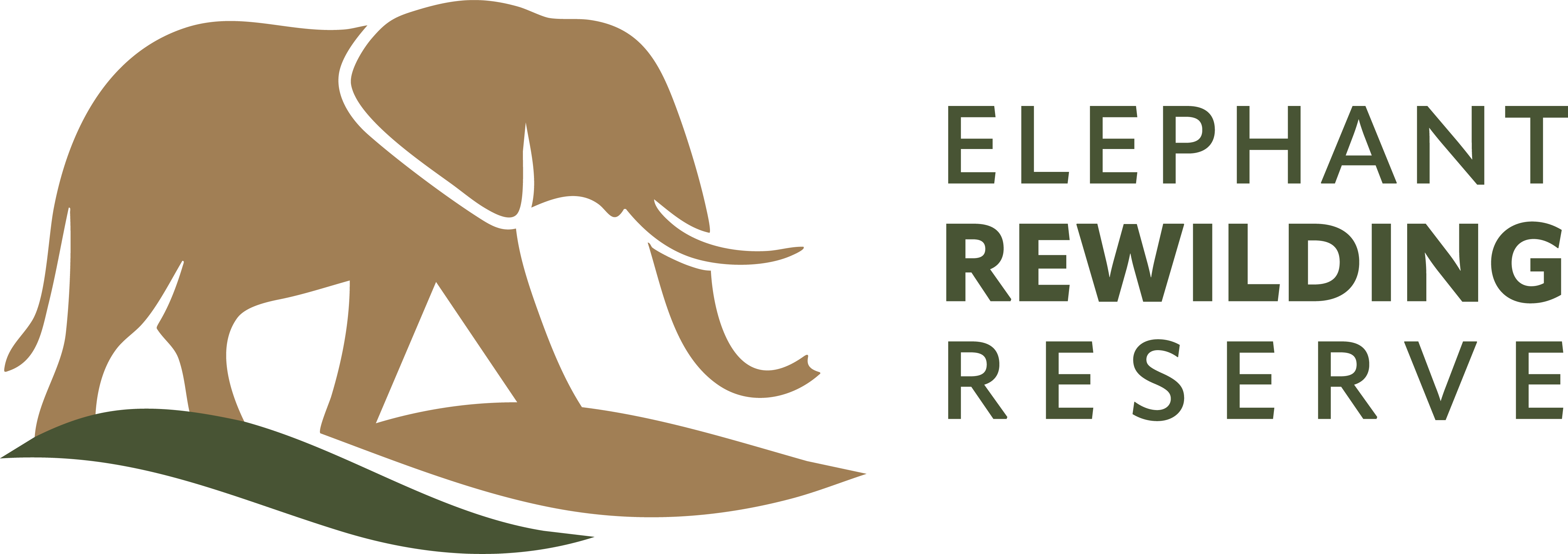 Logo for the Elephant Rewilding Reserve. It is an African Elephant walking to the right in a solid tan fill. Two elongated curves represent land - one is green and the other tan. The words Elephant Rewilding Reserve are to the right.